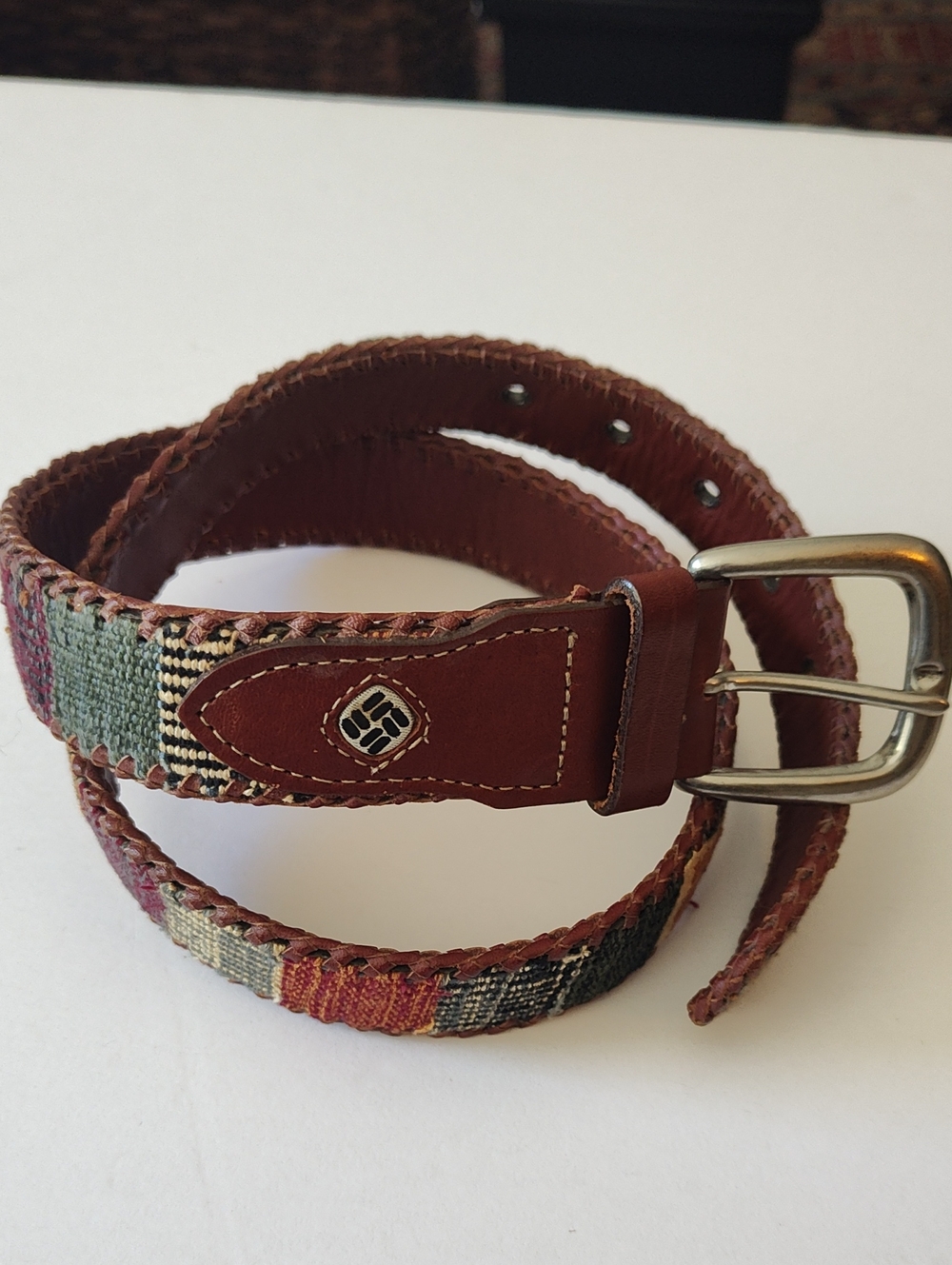 Columbia Sportswear Brown Leather & Multicolor Woven Belt Size L 30-34